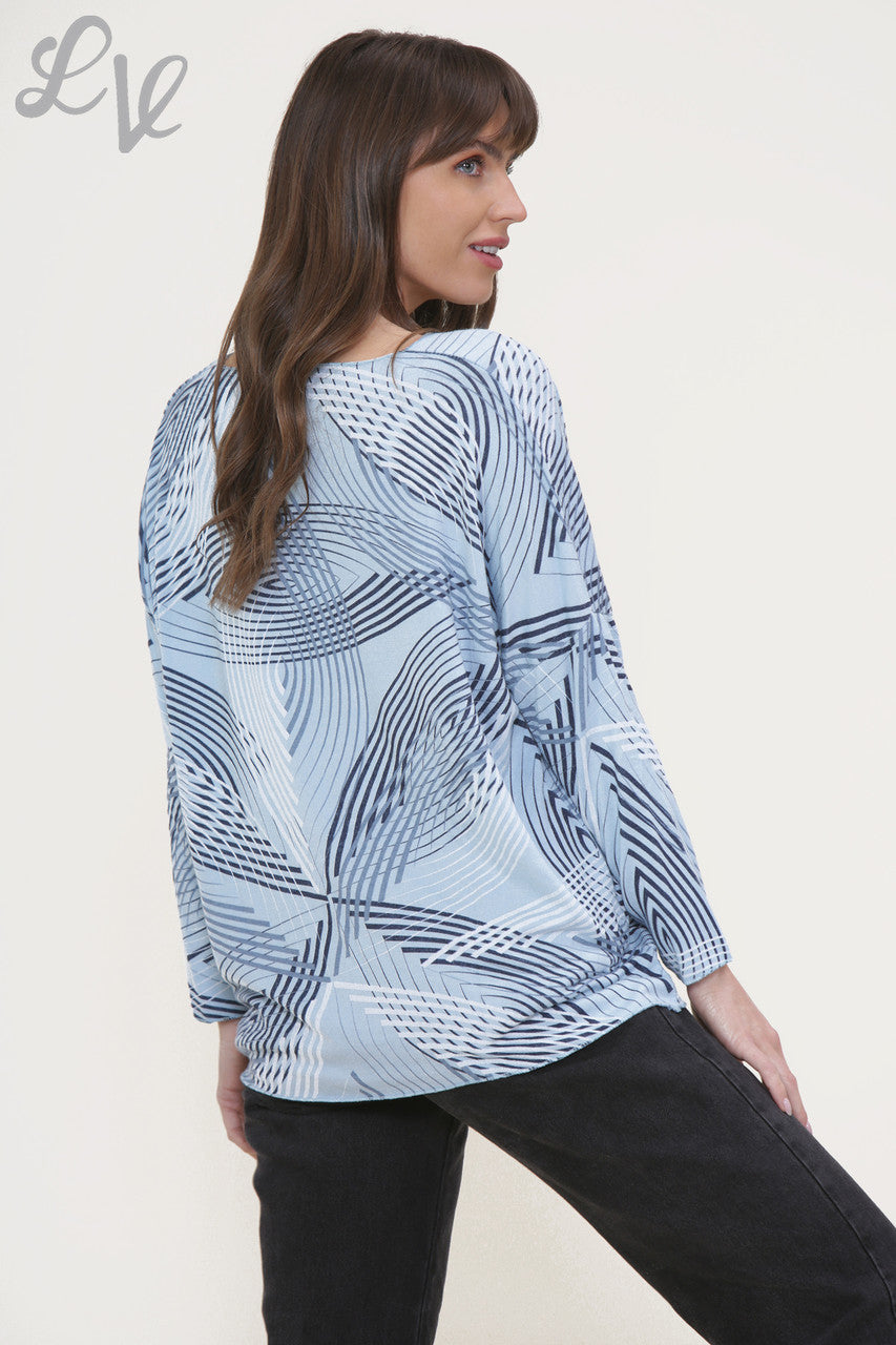 Dames Fijngebreide Trui Top Sky Blue met Lijnenprint