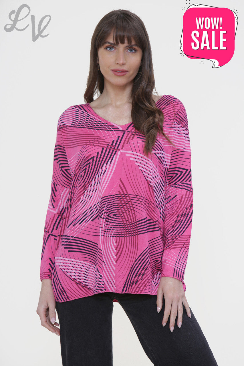 Ladies Line Print Fine Knit Jumper Top Cerise