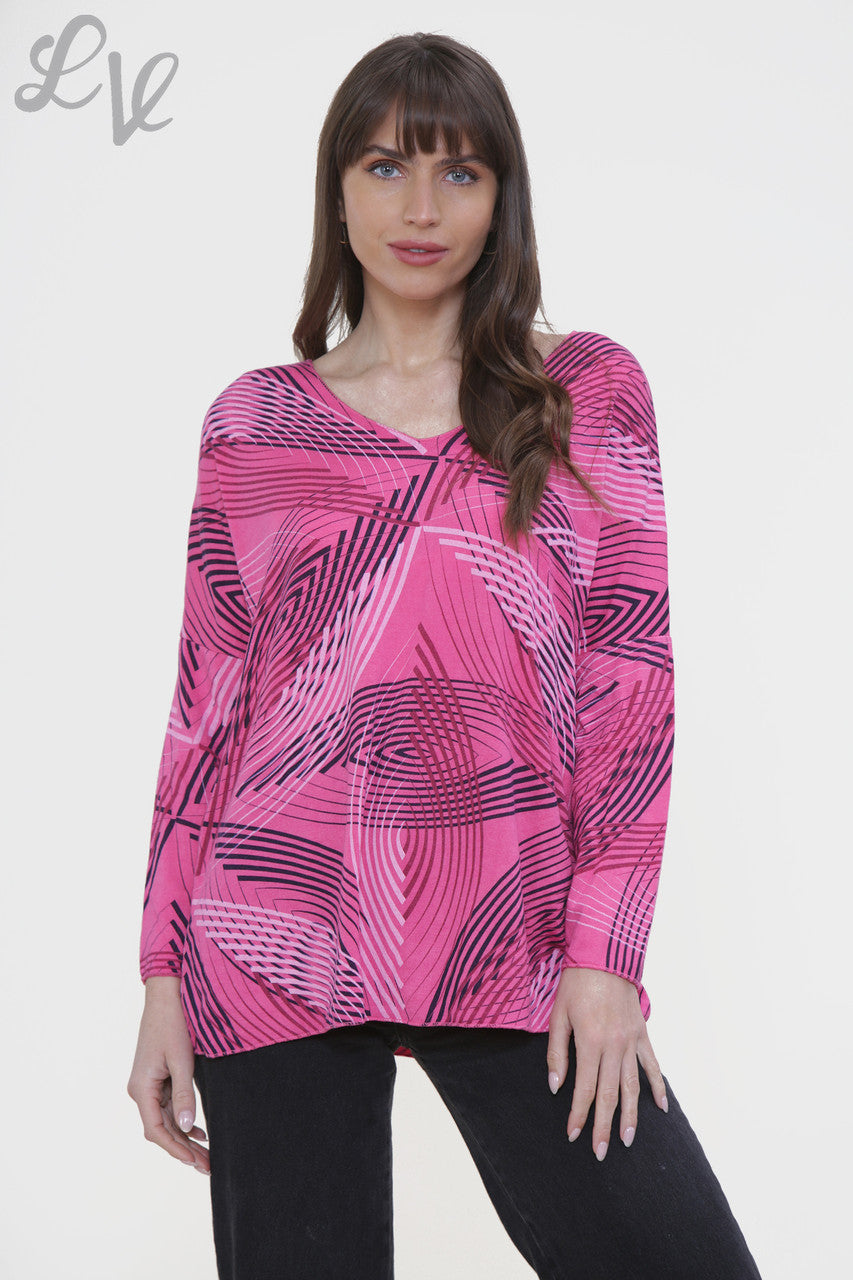 Ladies Line Print Fine Knit Jumper Top Cerise