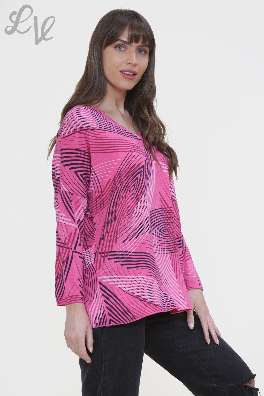 Ladies Line Print Fine Knit Jumper Top Cerise
