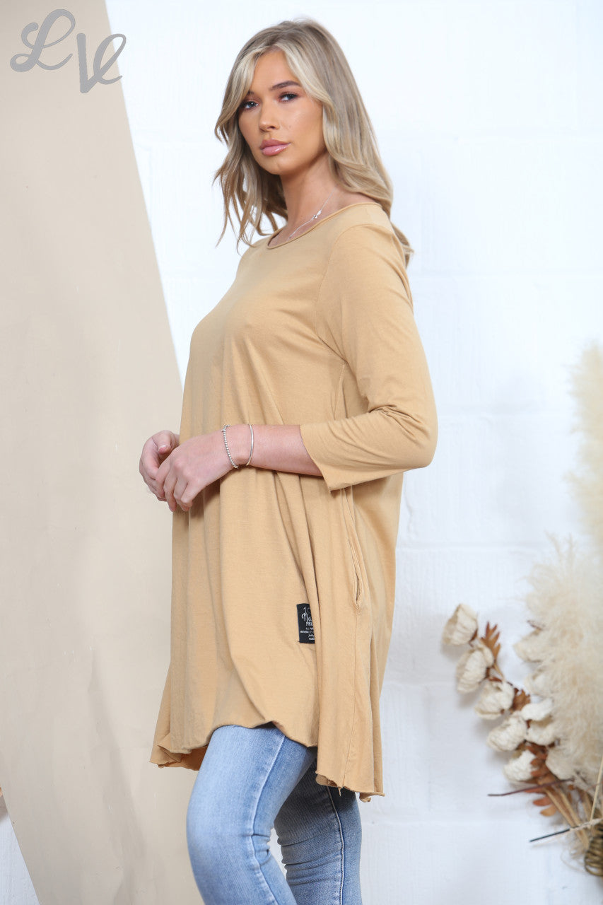 Ladies Plain Simple Tunic Top Tan