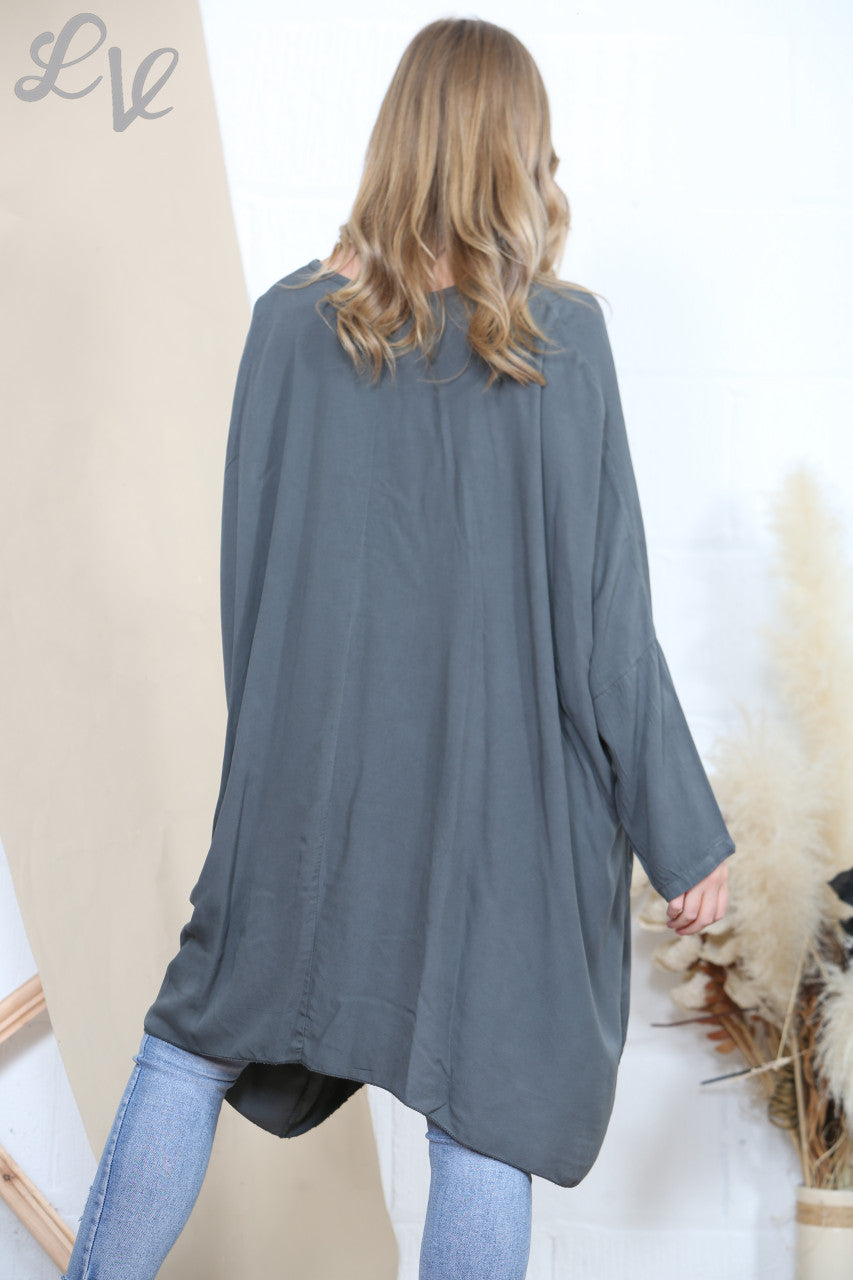Ladies Floaty Tassel Blouse Top Charcoal