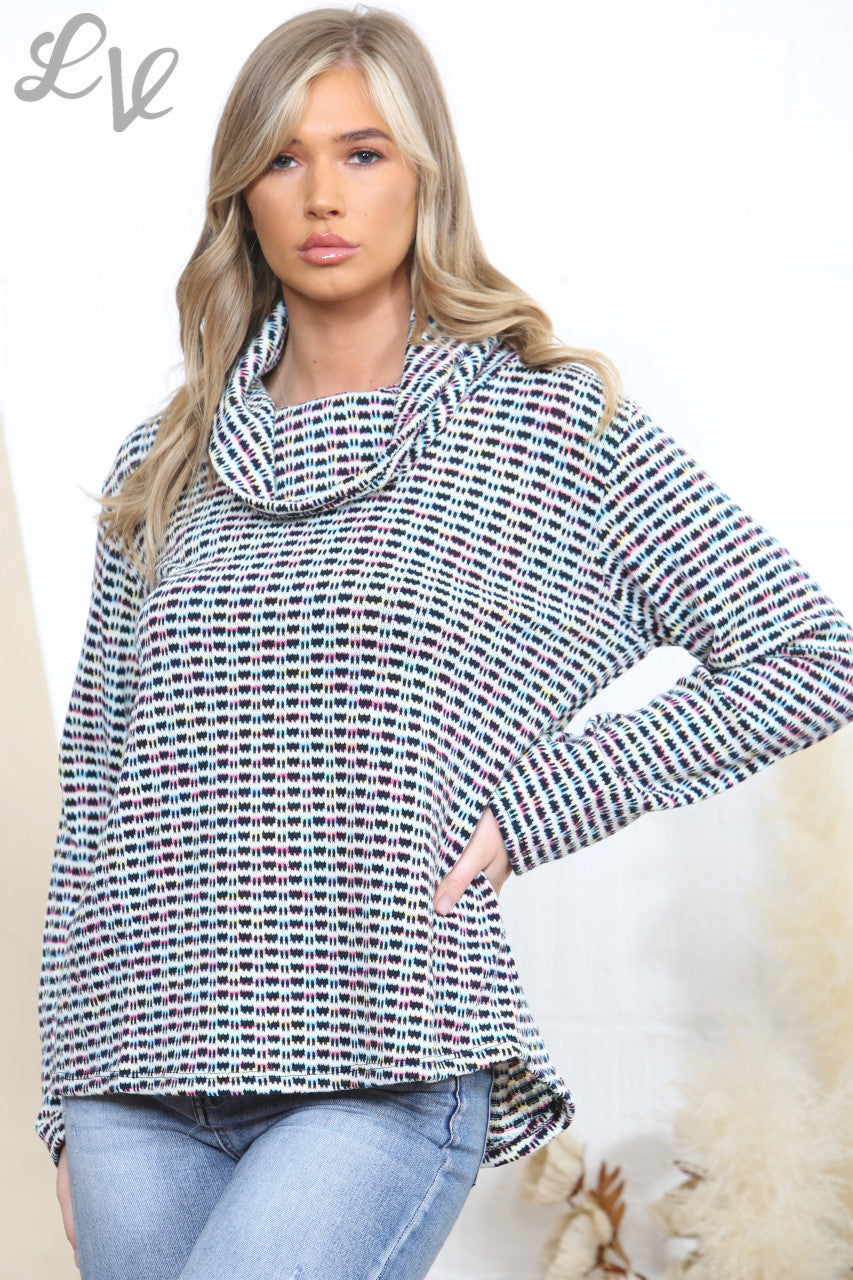 Ladies Multicoloured Brick Print Cowl Neck Knitted Top White