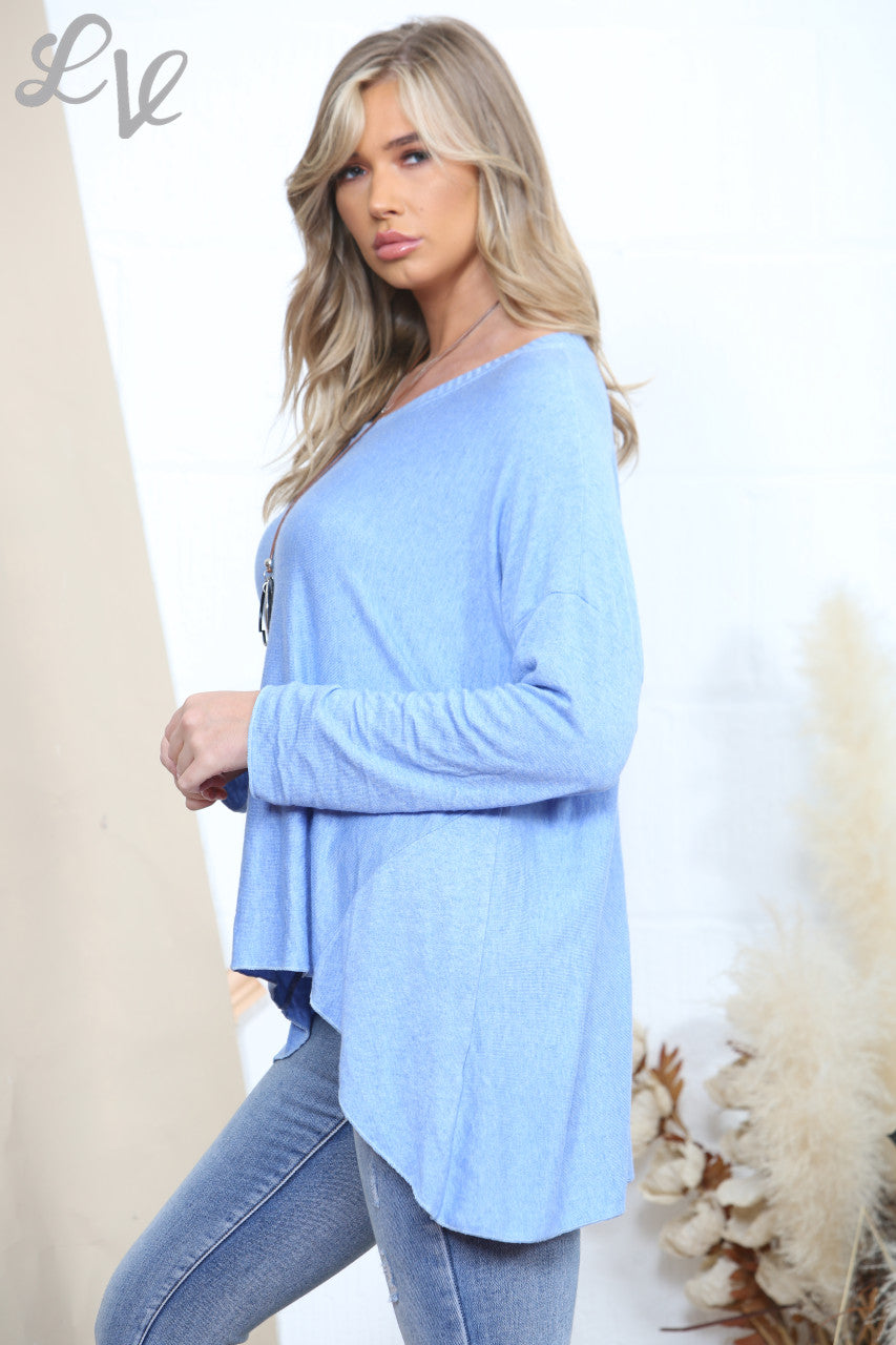 Ladies Plain Fine Knit Jumper Top With Ribbed Neckline Detail Sky Blue
