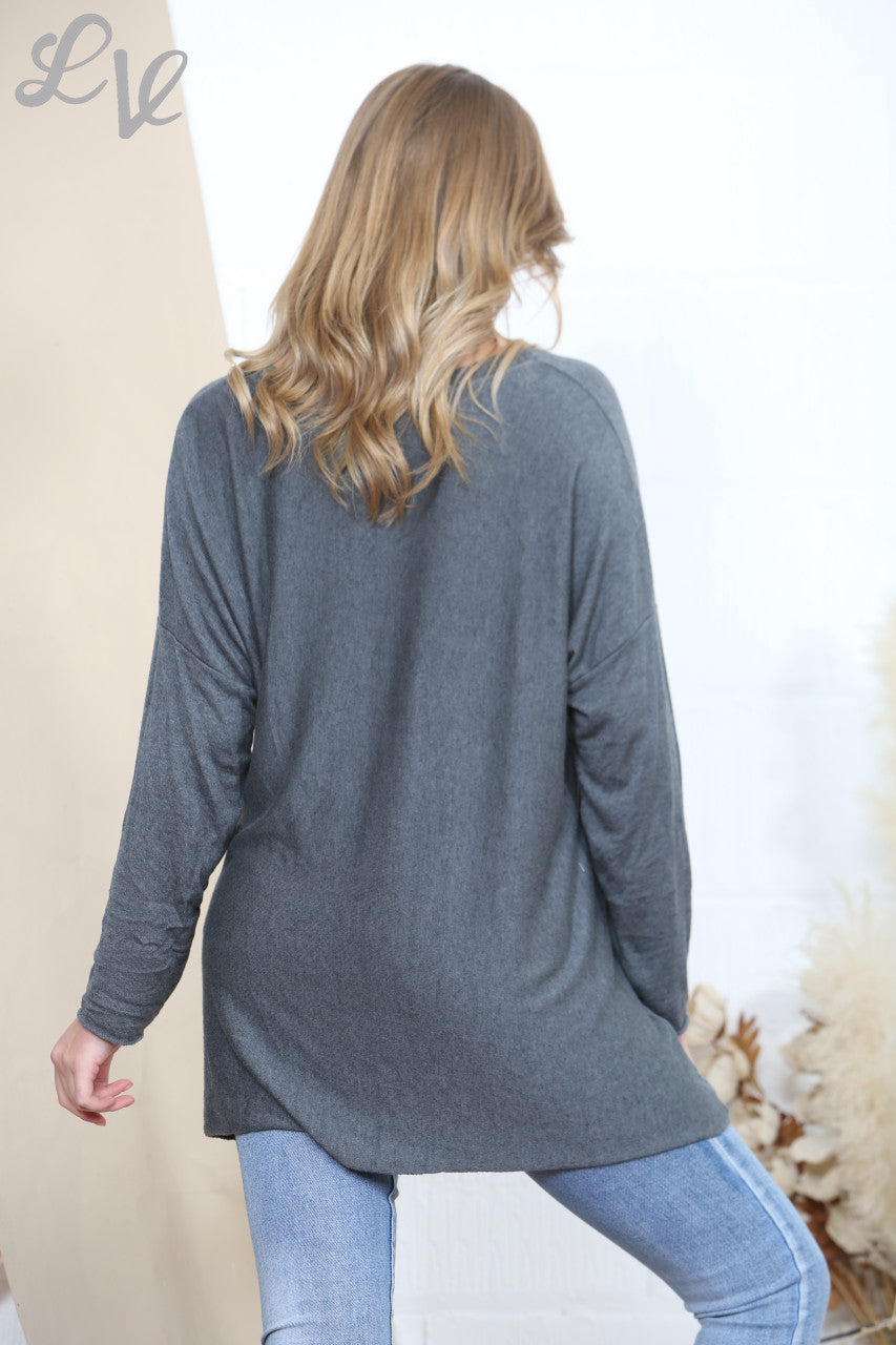Ladies Plain Fine Knit Jumper Top With Ribbed Neckline Detail Charcoal