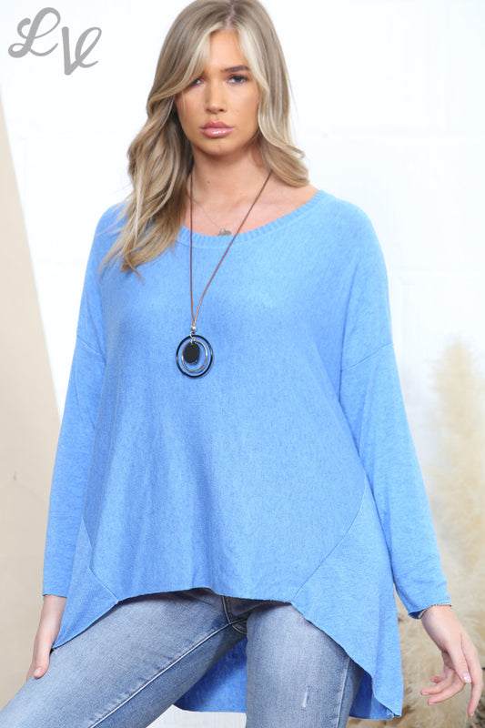 Dames Effen Fijne Gebreide Trui Top Met Geribbelde Halslijn Detail Blauw