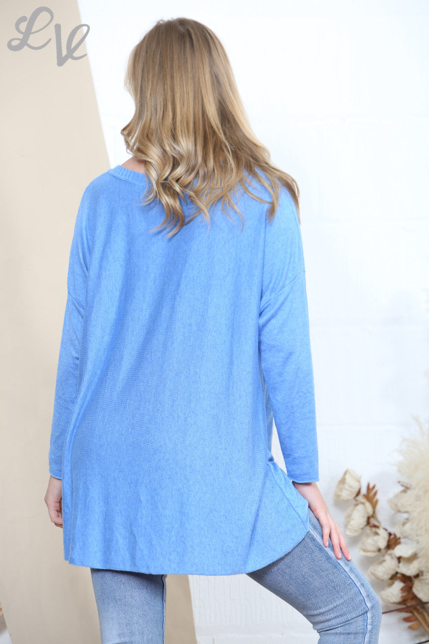Dames Effen Fijne Gebreide Trui Top Met Geribbelde Halslijn Detail Blauw