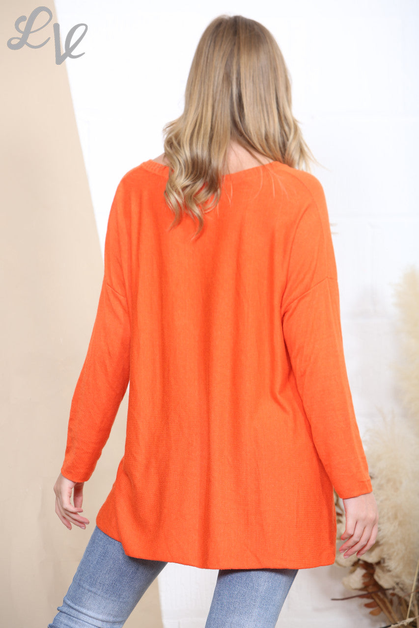 Ladies Plain Fine Knit Jumper Top With Ribbed Neckline Detail Orange