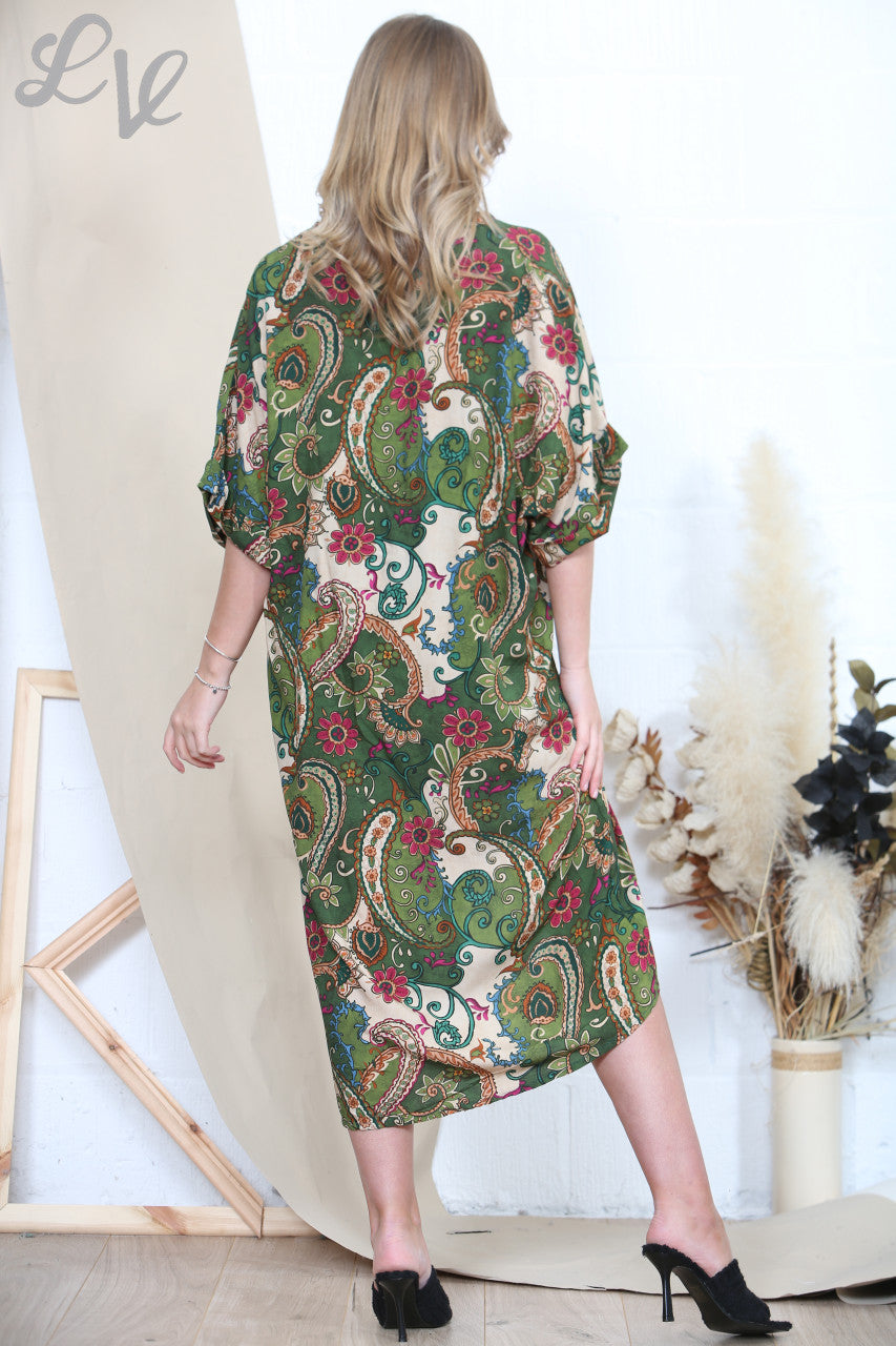 Damesjurk met paisleybloemenprint groen