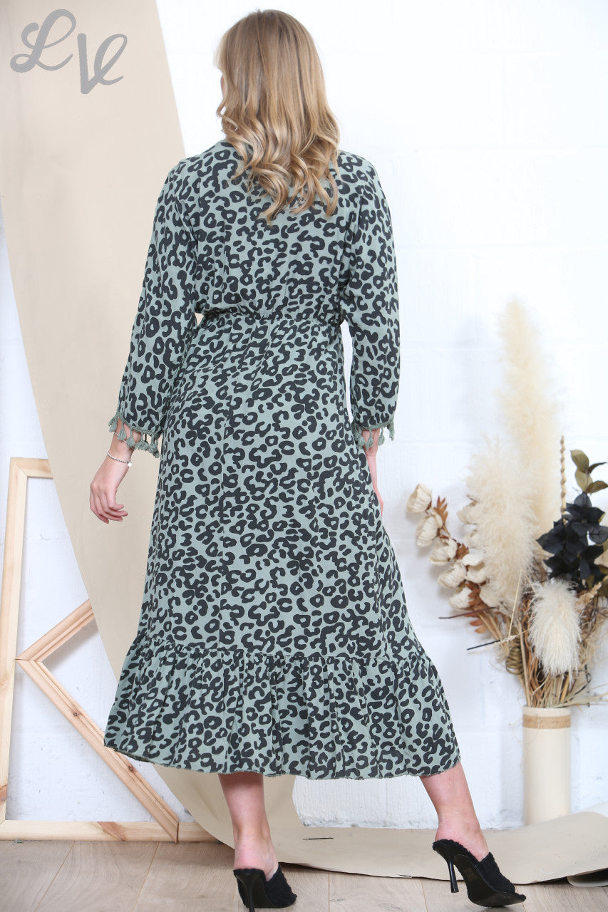 Ladies Animal Print Tassel Maxi Dress Khaki