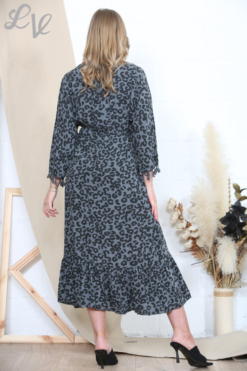 Ladies Animal Print Tassel Maxi Dress Charcoal