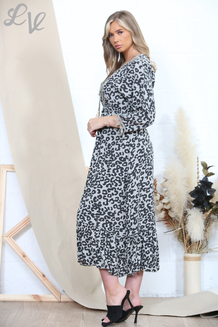 Ladies Animal Print Tassel Maxi Dress Taupe