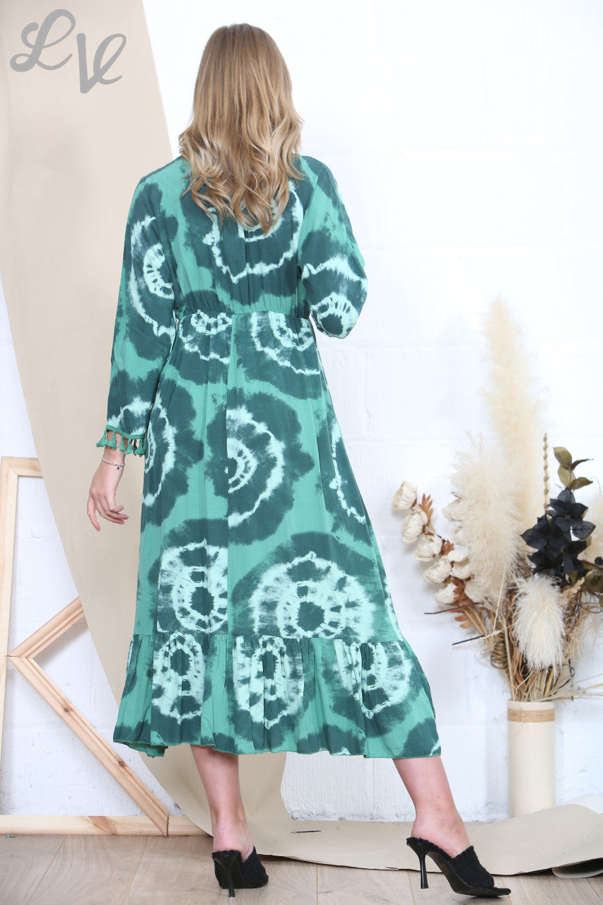 Dames Tie-dye Print Kwastjes Maxi Jurk Groen
