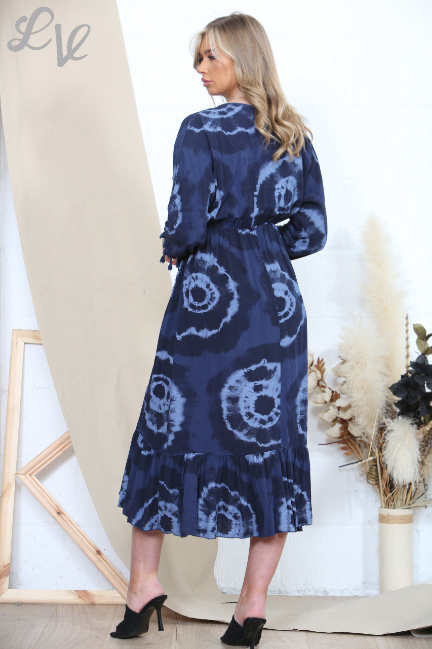 Ladies Tie Dye Print Tassel Maxi Dress Navy