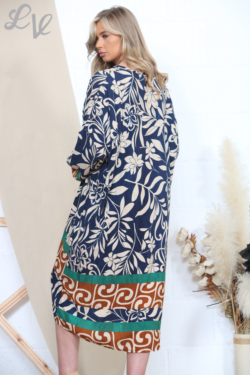 Ladies Leaves Border Print Dress Navy