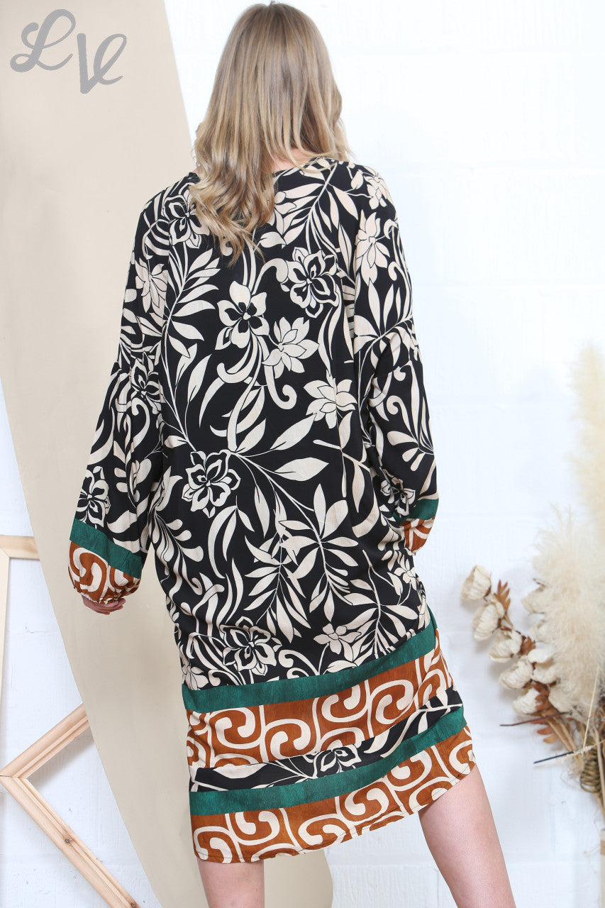 Ladies Leaves Border Print Dress Black