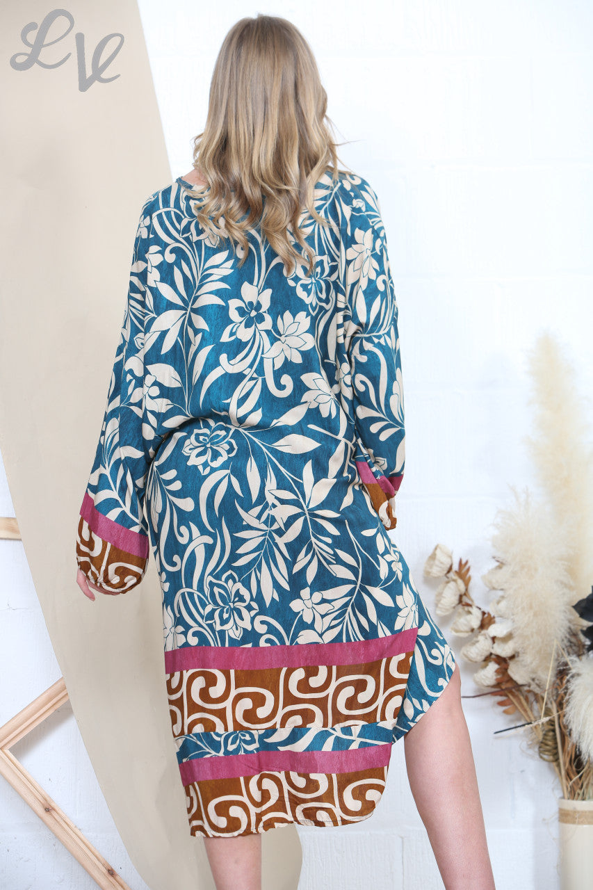 Ladies Leaves Border Print Dress Teal