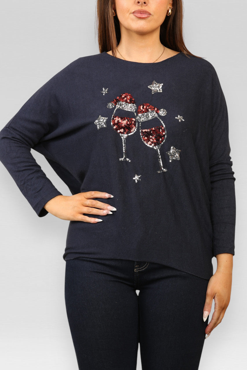 SEQUIN CHRISTMAS CHEERS SPARKLE FINE KNIT JUMPER TOP NAVY