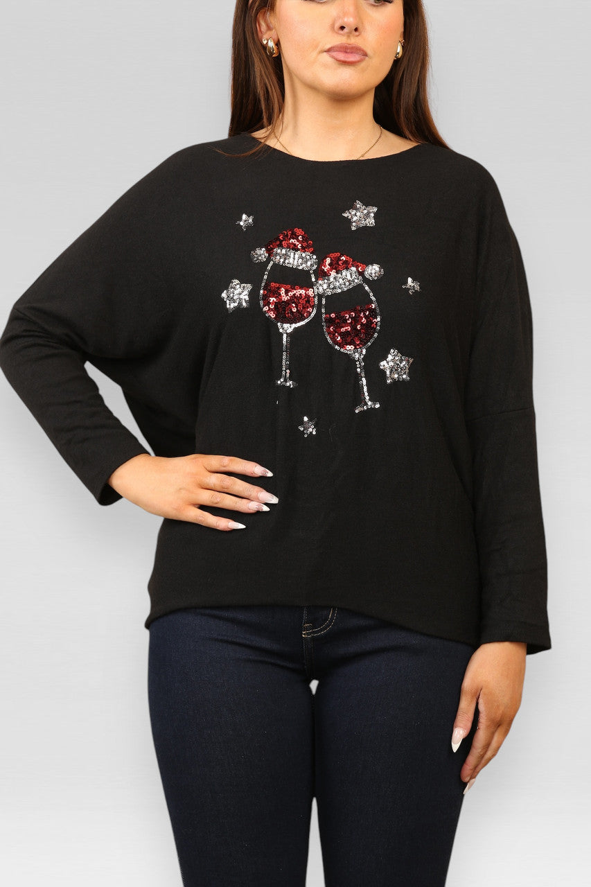 SEQUIN CHRISTMAS CHEERS SPARKLE FINE KNIT JUMPER TOP BLACK