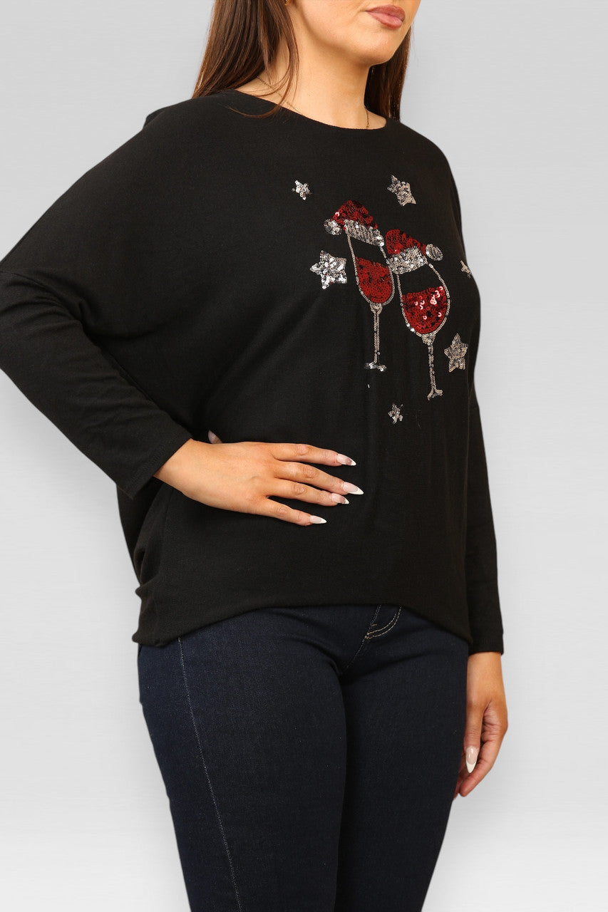 SEQUIN CHRISTMAS CHEERS SPARKLE FINE KNIT JUMPER TOP BLACK