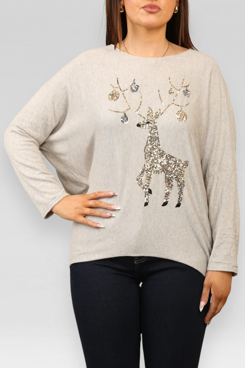 SEQUIN REINDEER SPARKLE FINE KNIT JUMPER TOP STONE