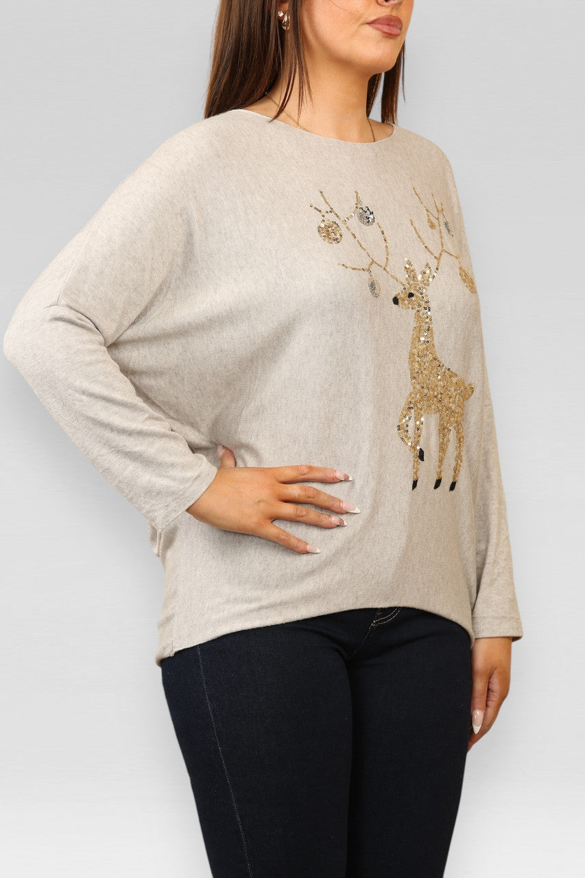 SEQUIN REINDEER SPARKLE FINE KNIT JUMPER TOP STONE