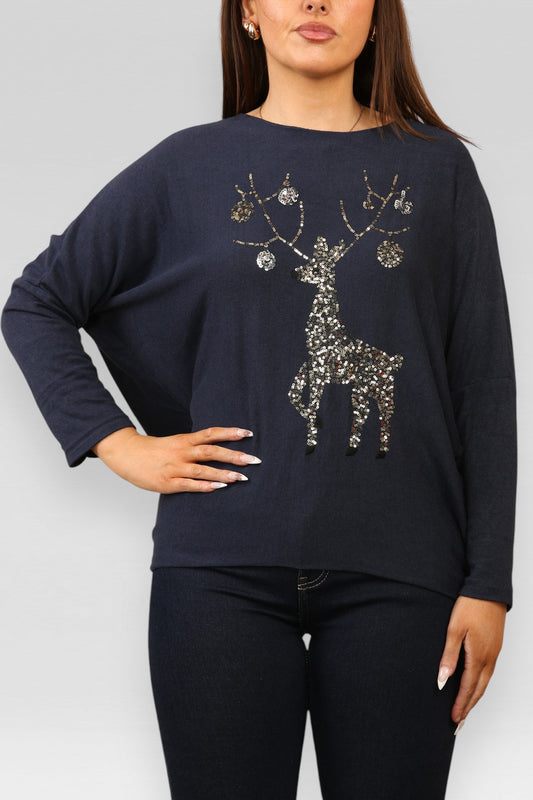 SEQUIN REINDEER SPARKLE FINE KNIT JUMPER TOP NAVY