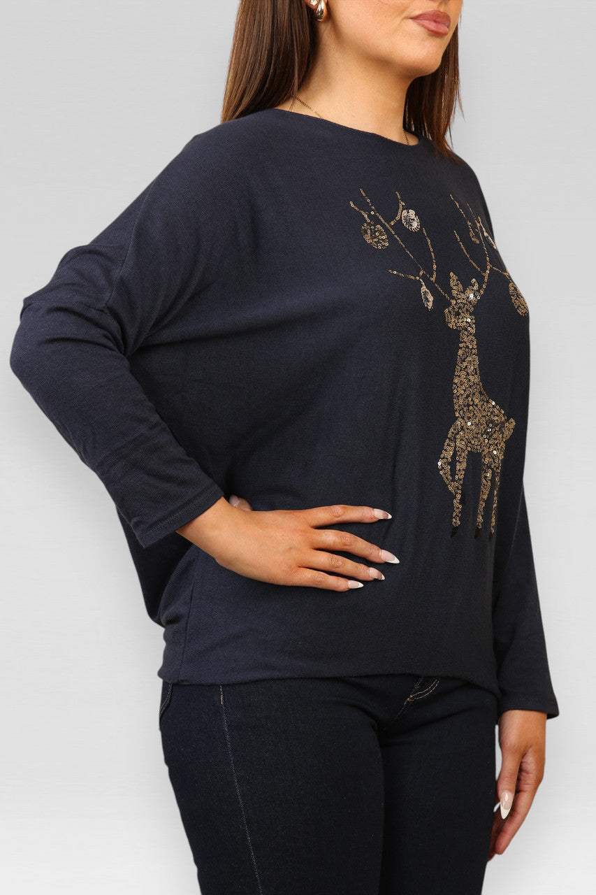 SEQUIN REINDEER SPARKLE FINE KNIT JUMPER TOP NAVY
