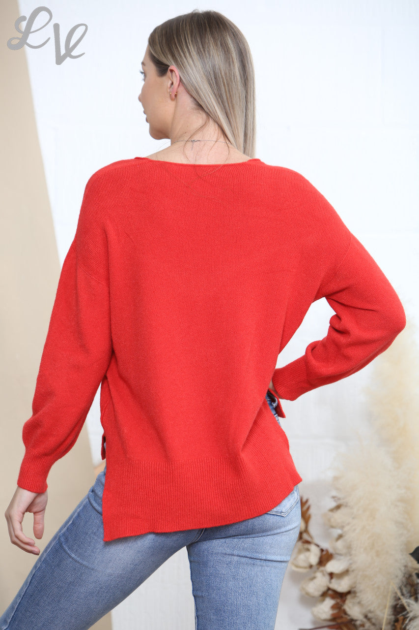Dames gebreide V-hals trui rood