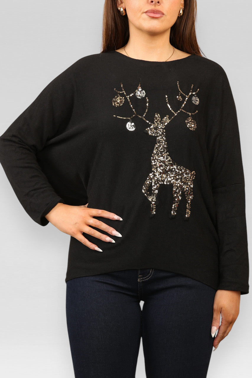 SEQUIN REINDEER SPARKLE FINE KNIT JUMPER TOP BLACK