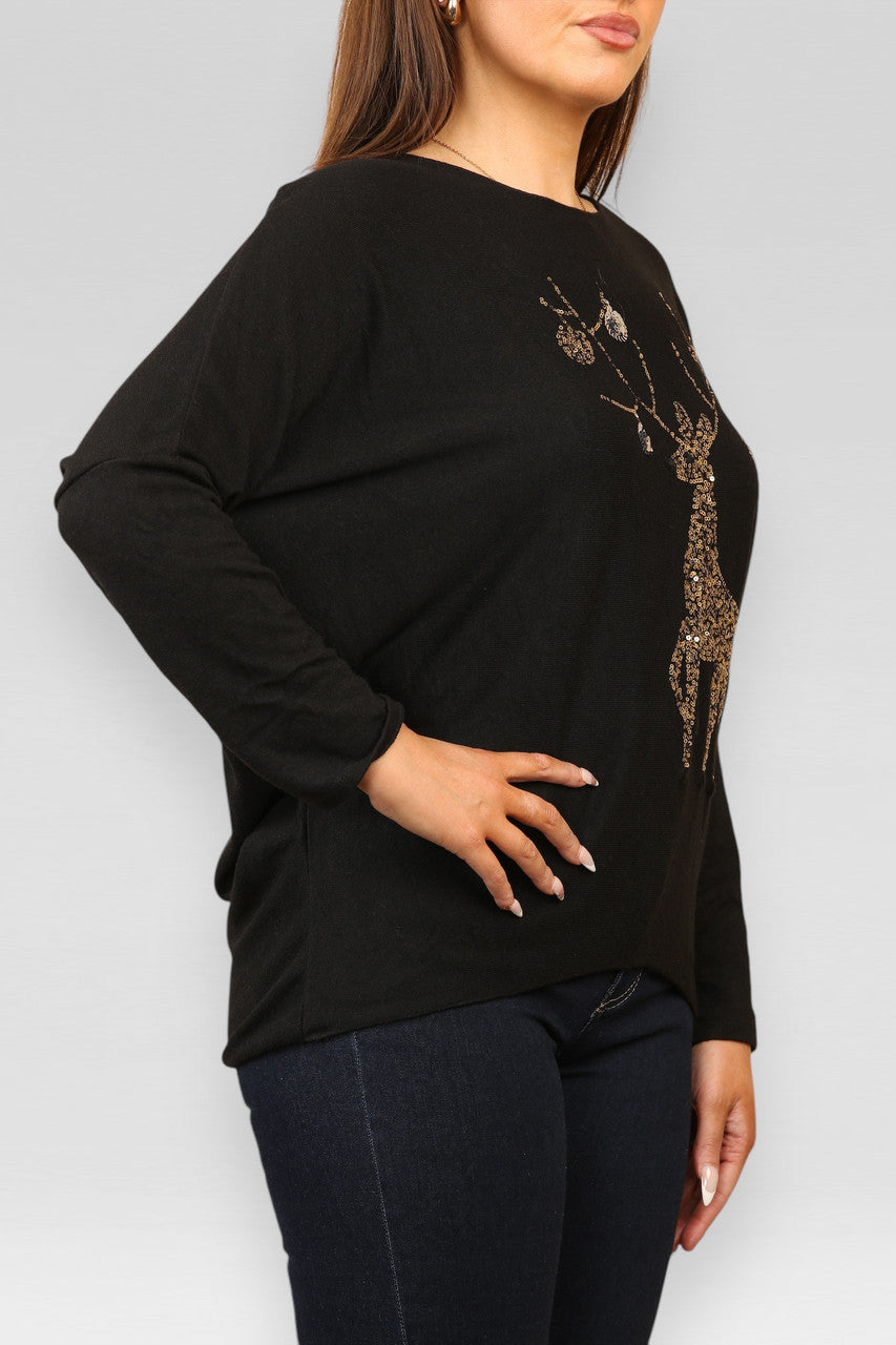 SEQUIN REINDEER SPARKLE FINE KNIT JUMPER TOP BLACK