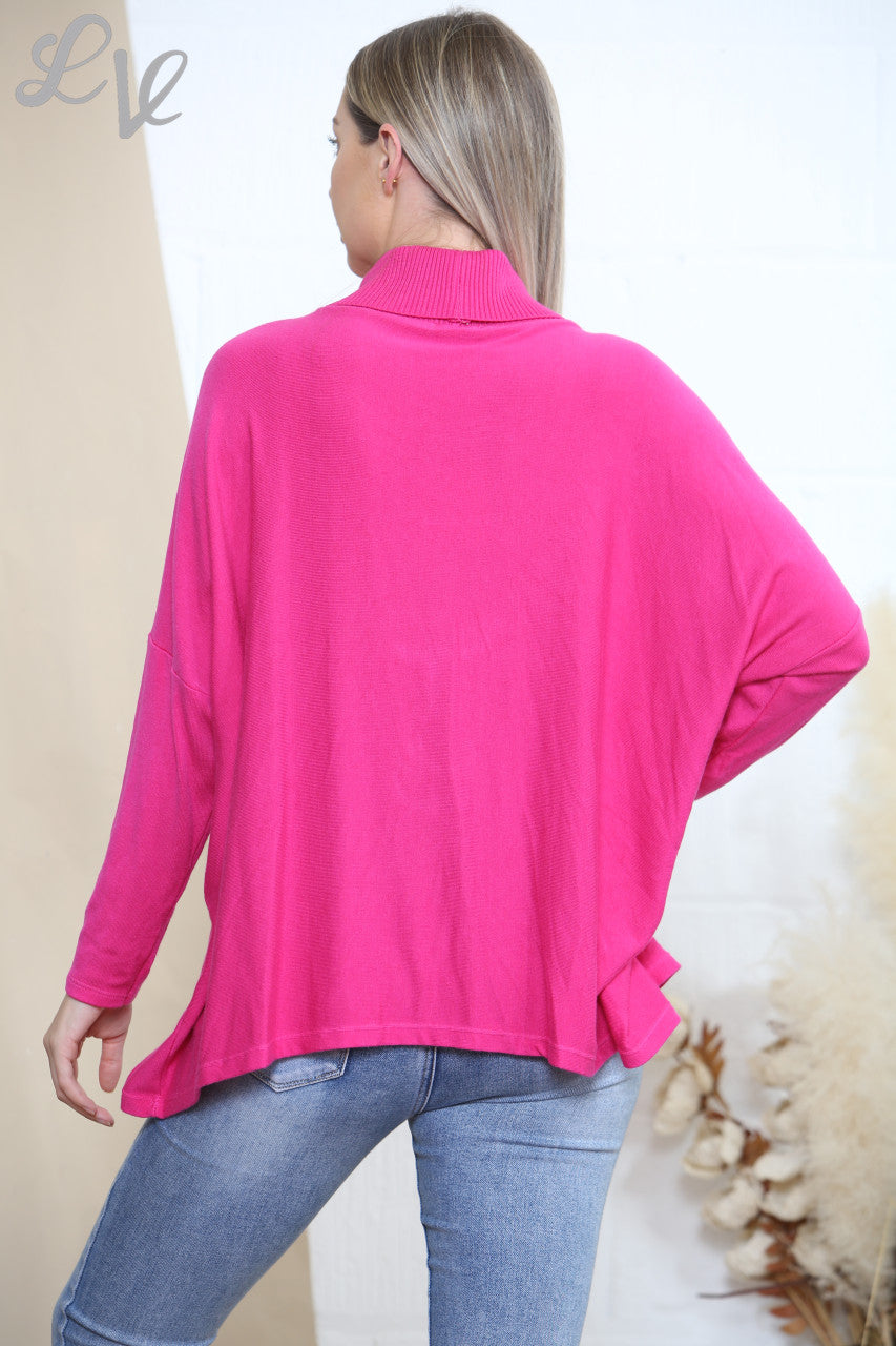 Ladies Long Sleeve Ribbed Cowl Neck Jumper Cerise