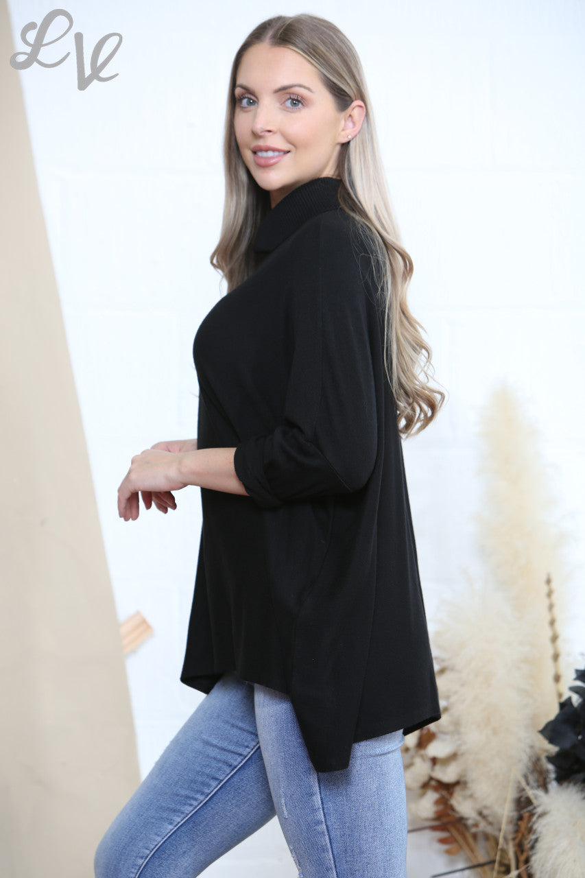 Ladies Long Sleeve Ribbed Cowl Neck Jumper Black
