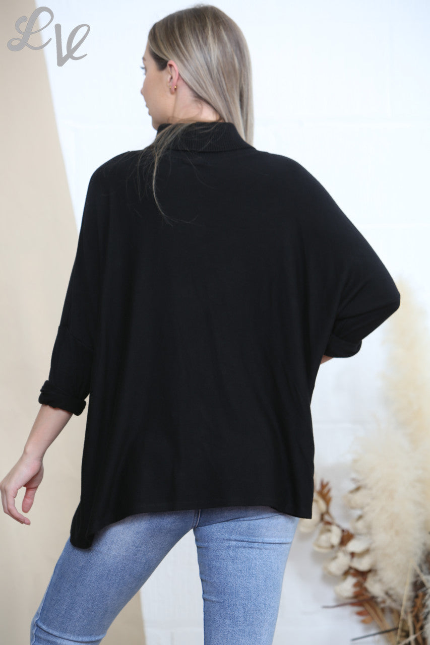 Ladies Long Sleeve Ribbed Cowl Neck Jumper Black
