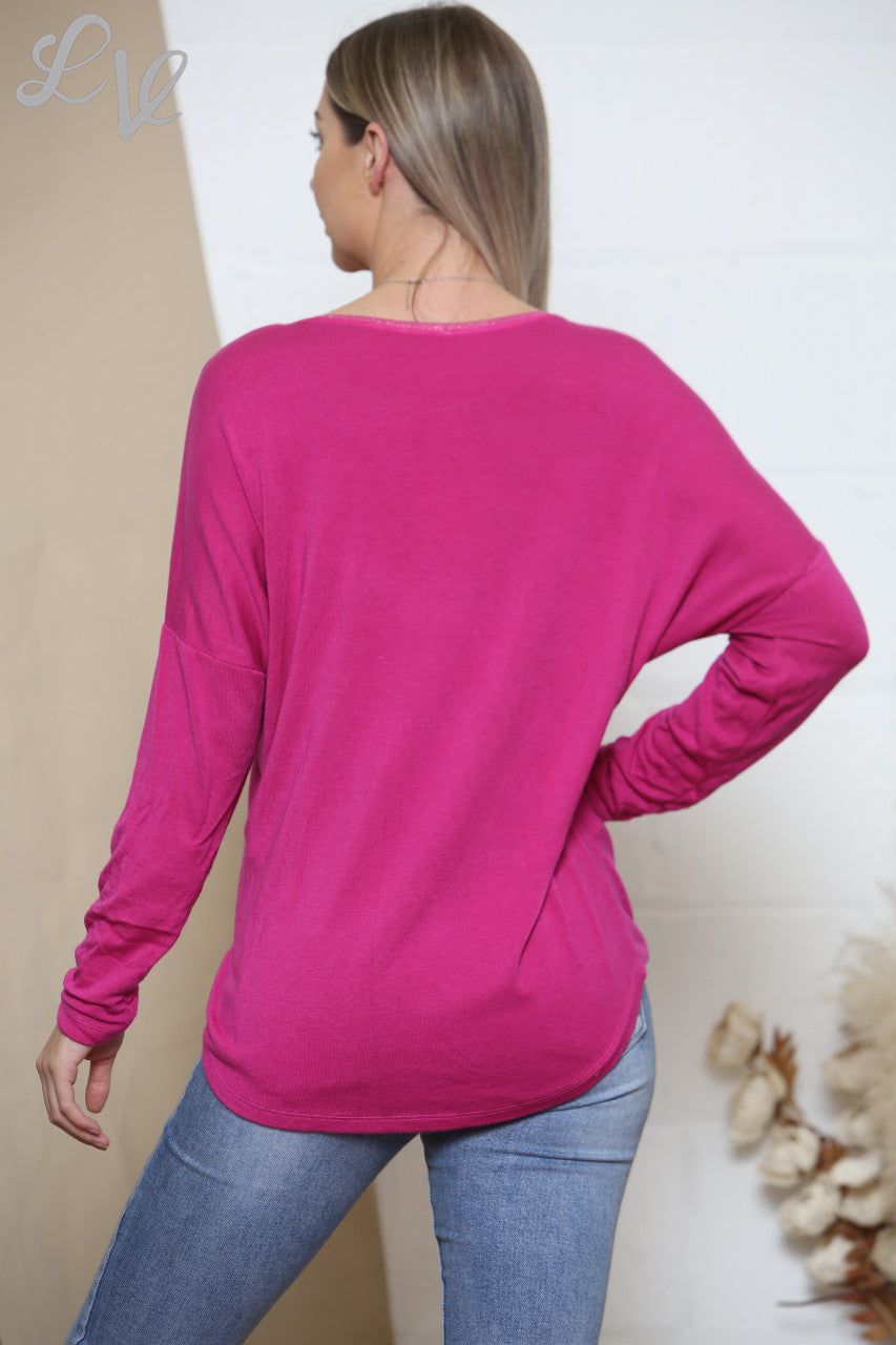 Dames pailletten applicatie vredesteken bloem top cerise