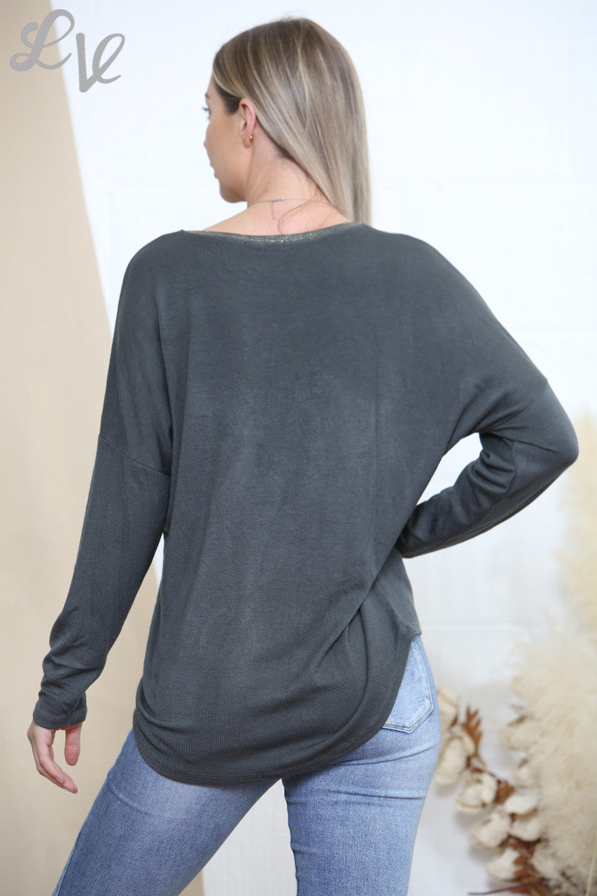 Ladies Sequin Applique Heart Top Charcoal