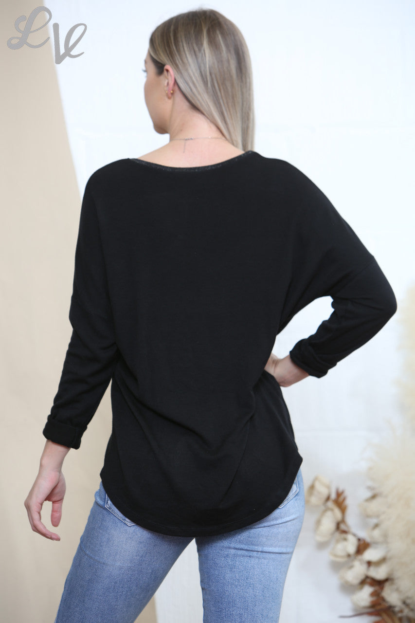 Ladies Sequin Applique Heart Top Black