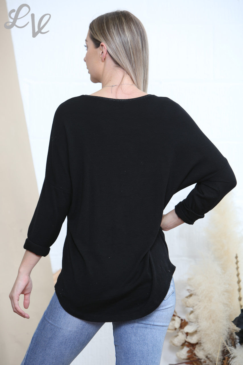 Ladies Sequin Applique Star Top Black