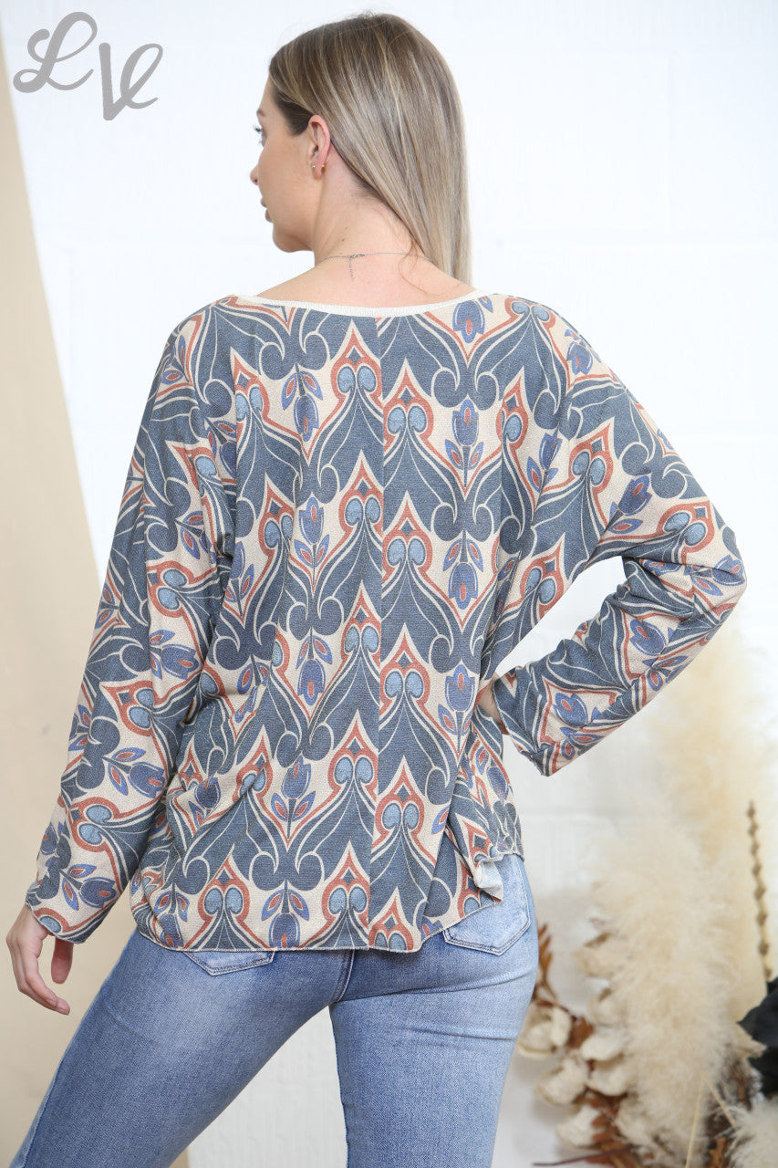Ladies Damask Jacquard Print Top Denim
