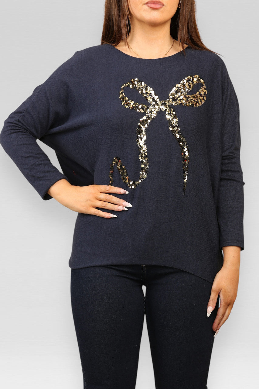 TRUI MET PAILLETTENSTRIK EN GLITTER, FIJNGEBREID, NAVY