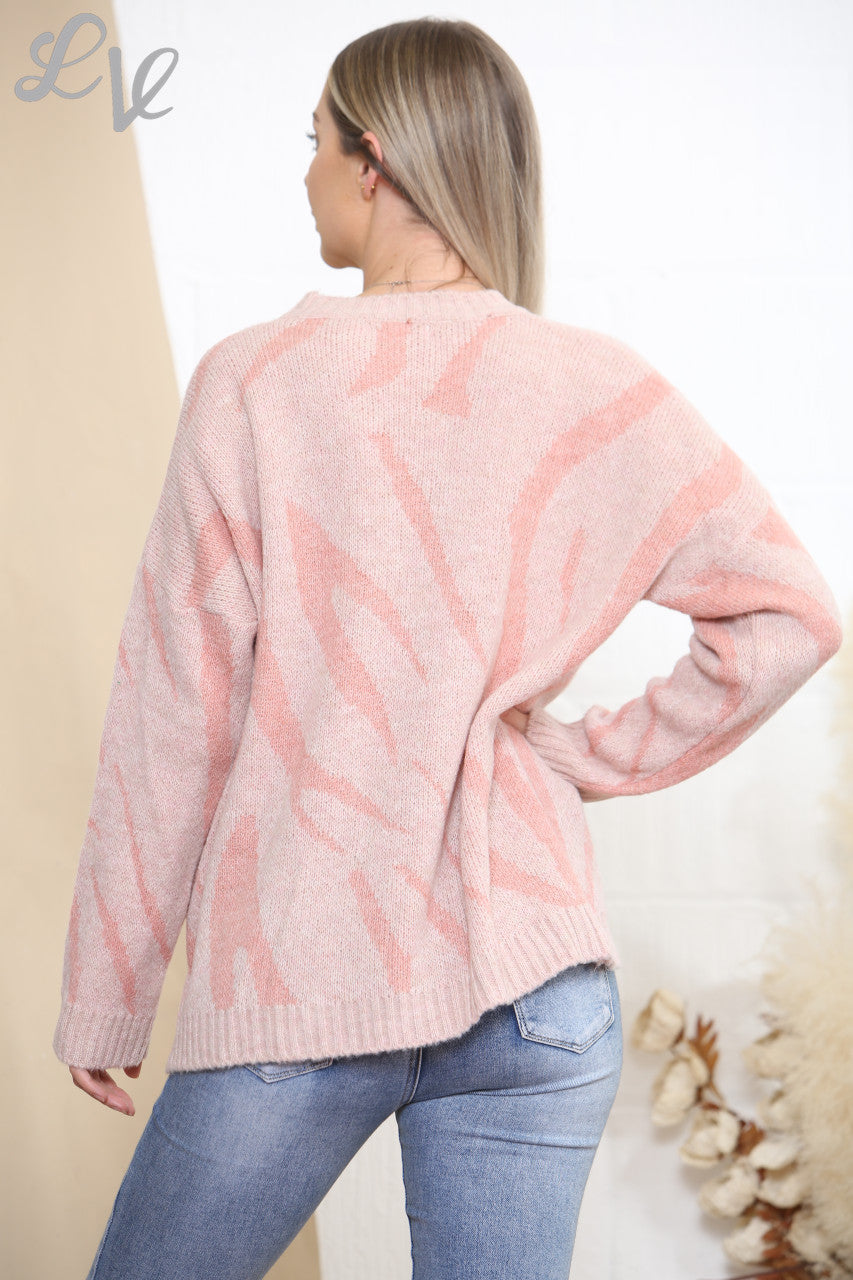 Ladies Animal Print Knitted Jumper Top Dusty Pink