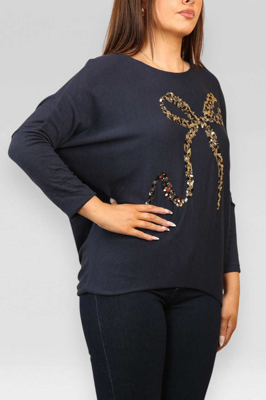 TRUI MET PAILLETTENSTRIK EN GLITTER, FIJNGEBREID, NAVY
