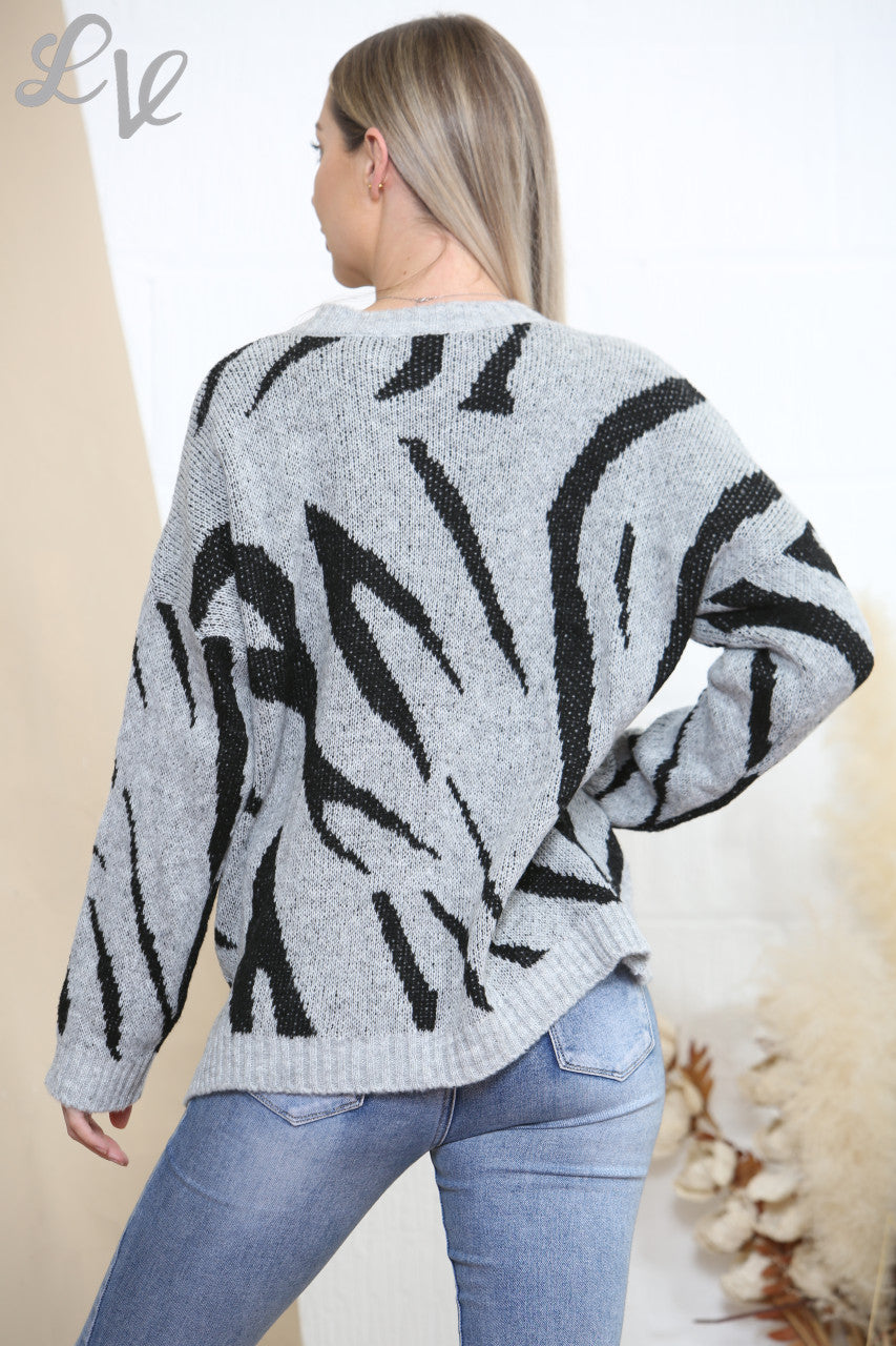 Ladies Animal Print Knitted Jumper Top Grey