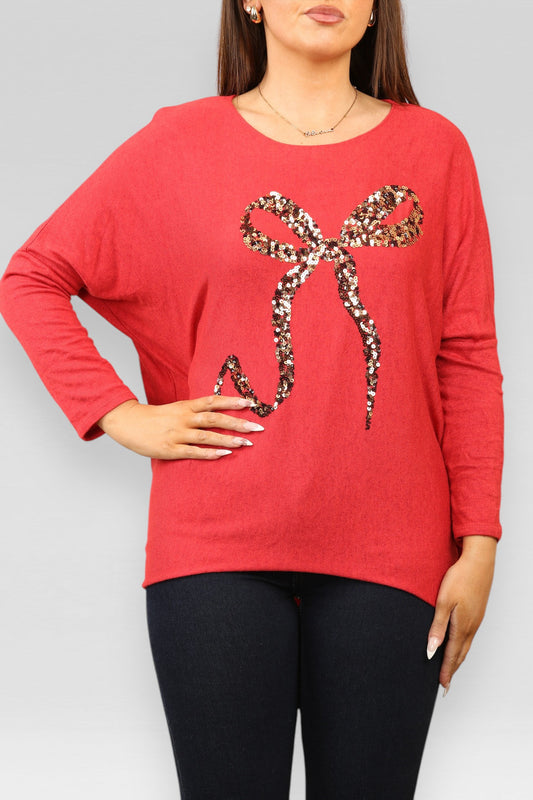 SEQUIN BOW SPARKLE FINE KNIT JUMPER TOP RED