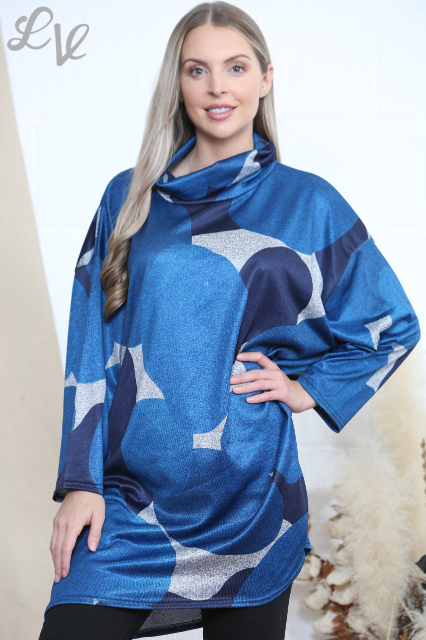 Ladies Roll Neck Geometric Print Tunic Top Dress Teal