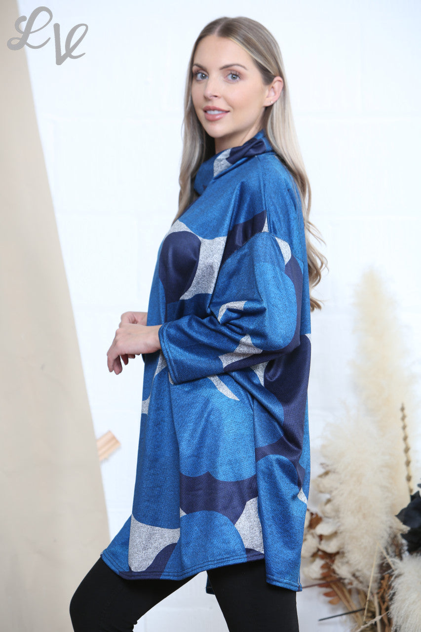 Ladies Roll Neck Geometric Print Tunic Top Dress Teal