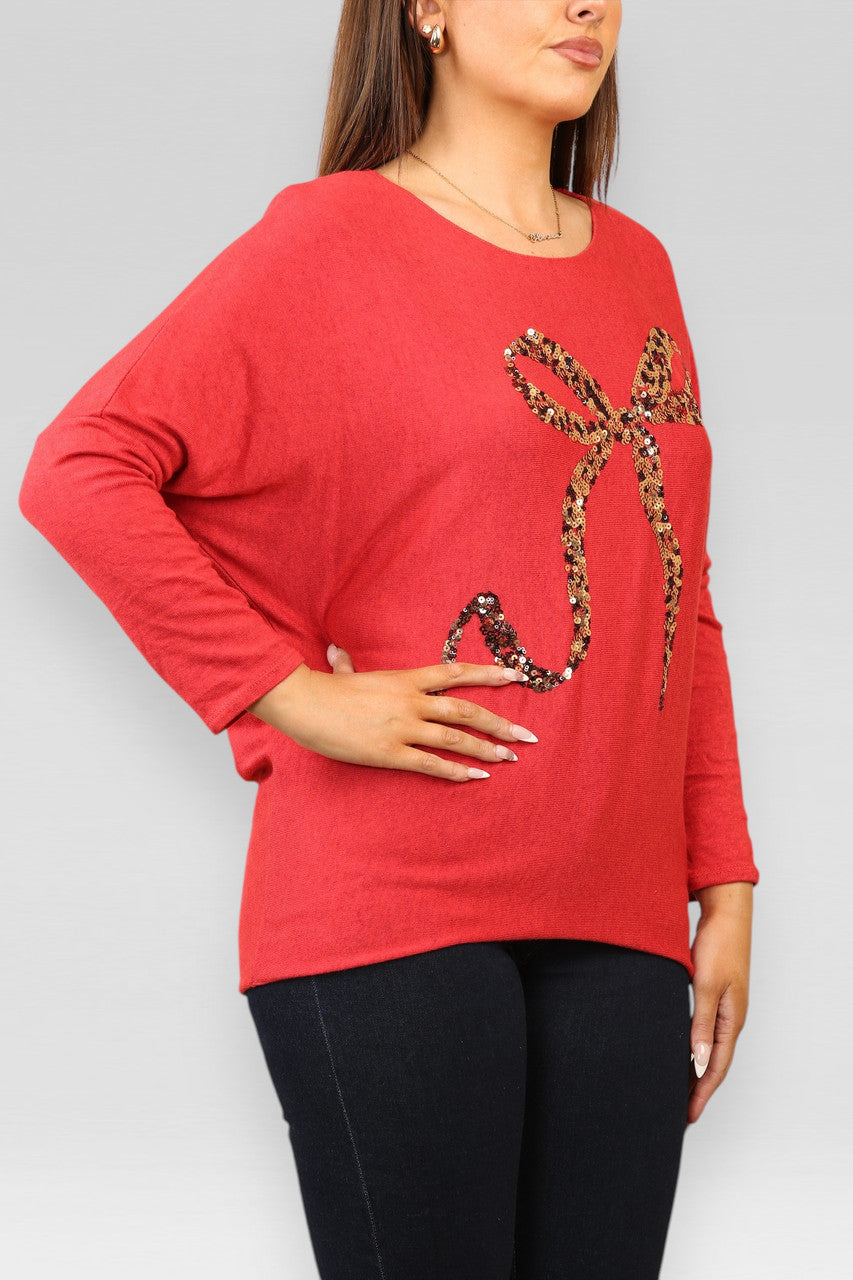 SEQUIN BOW SPARKLE FINE KNIT JUMPER TOP RED