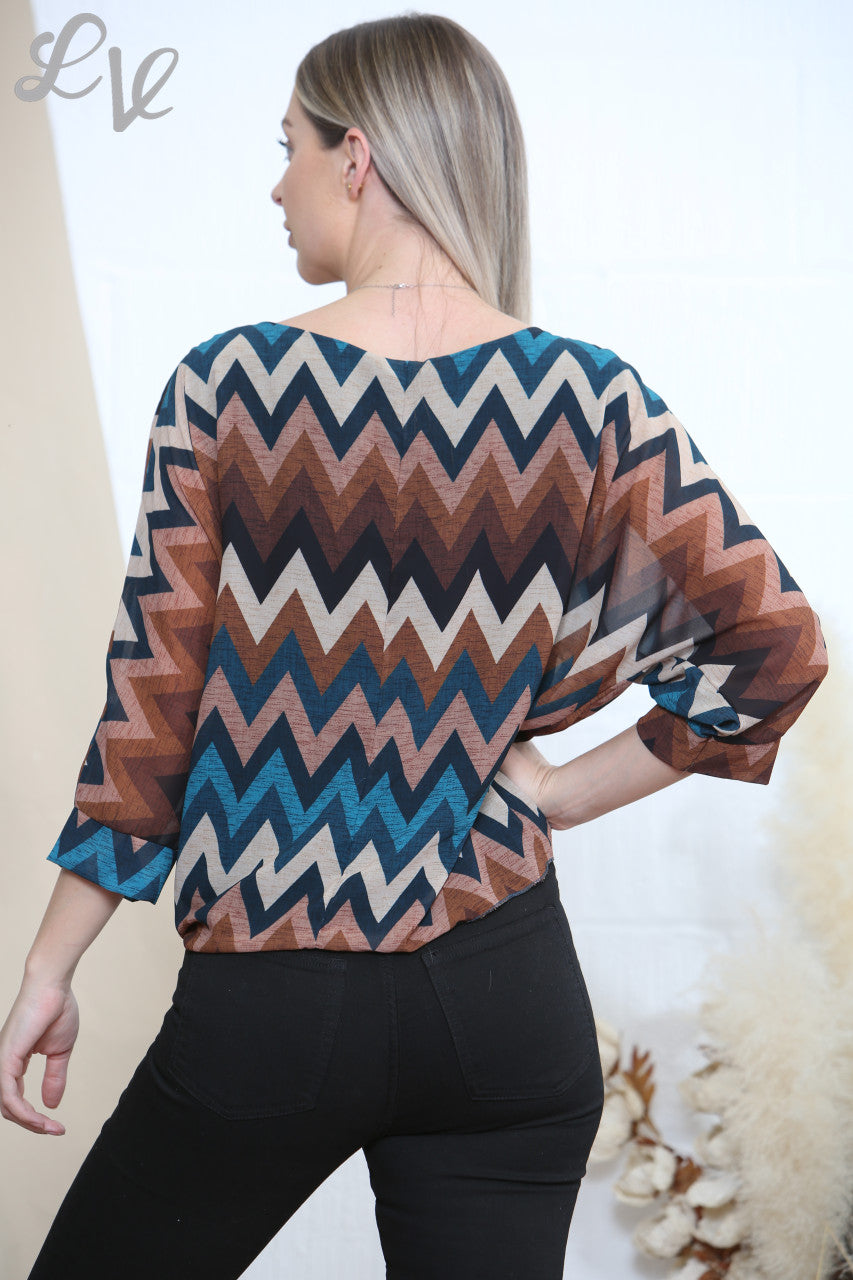 Ladies Zig Zag Print Tie Side Blouse Teal
