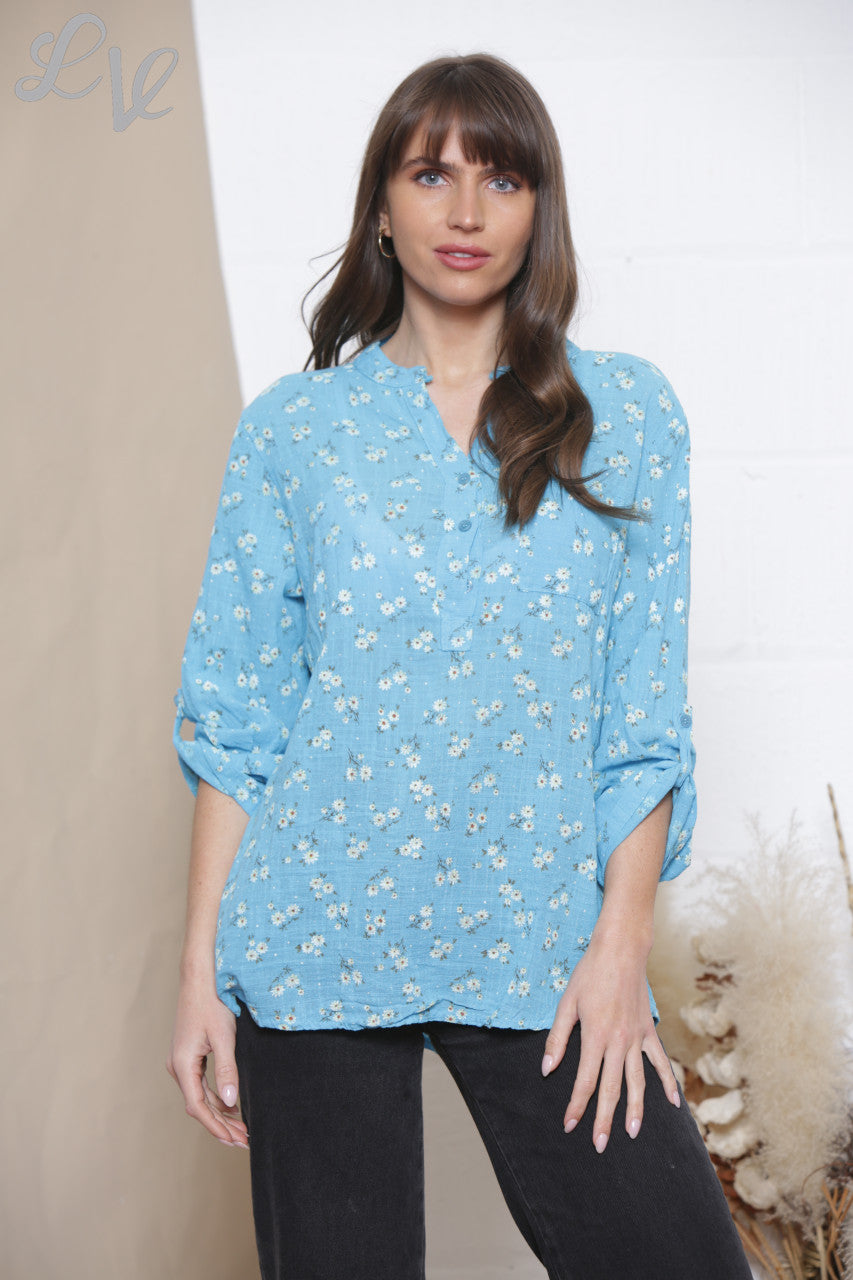 Ladies Ditsy Daisy Print Cotton Grandad Blouse Turquoise