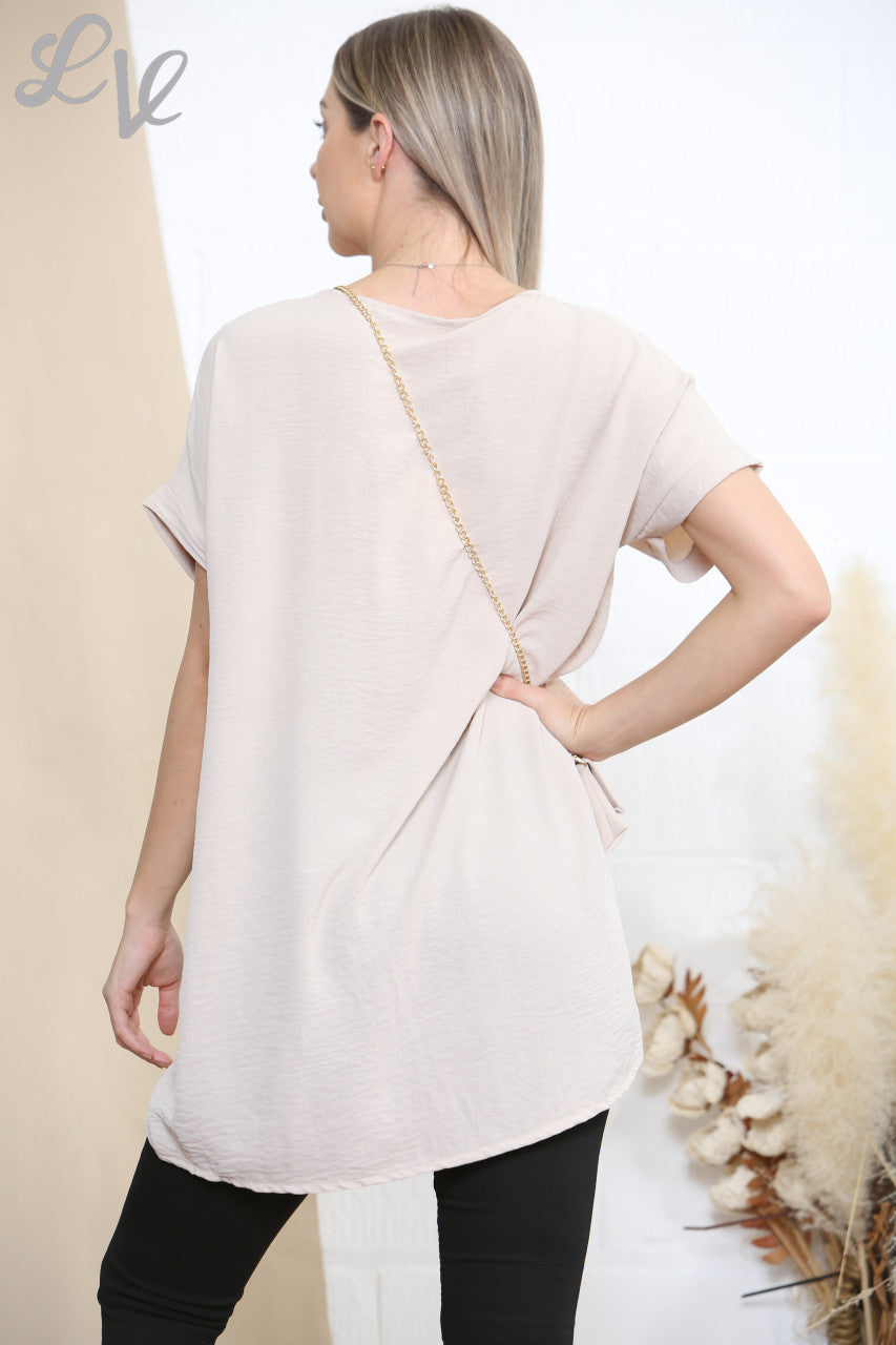 Ladies Plain Blouse Top With Matching Bag Stone